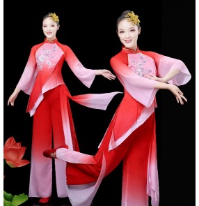 Red Chinese Folk Dance Costumes Classical dance costumes, female fan dance costumes, national Chinese style Yangge costumes